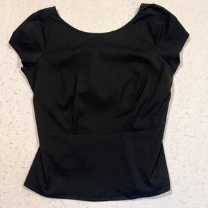 Ann Taylor‎ Peplum Top Blouse Cross Back Black Cap Sleeve Women's 6P Petite